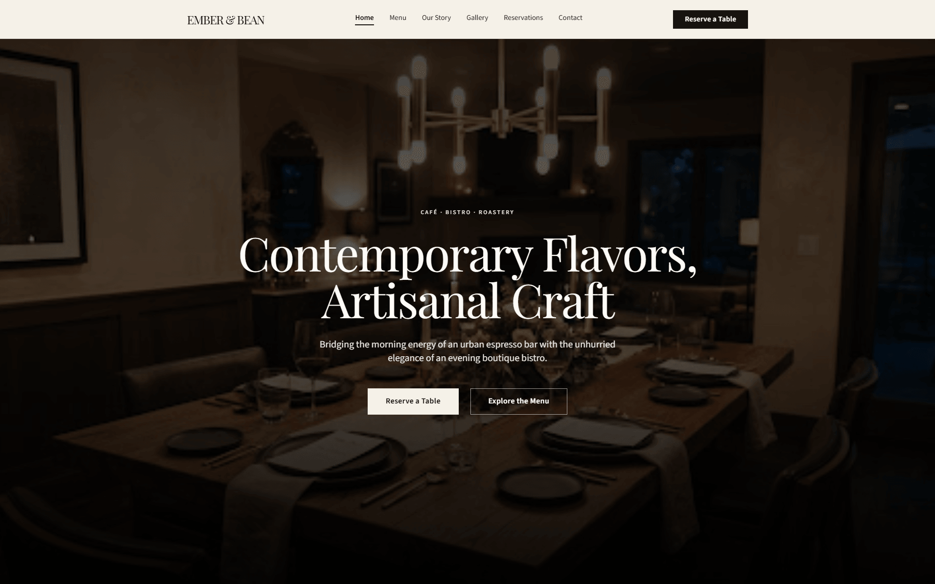 A high-end, editorial website preview for a modern restaurant named EMBER & BEAN.