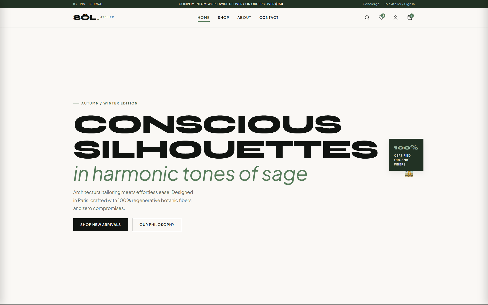 A clean, minimalist e-commerce website preview for a fashion brand named SOL CLOTHING.